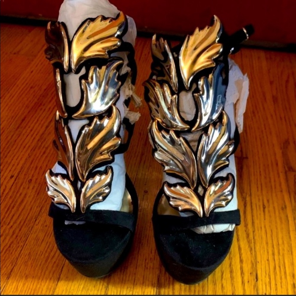 Black & gold suede angel wing wedges